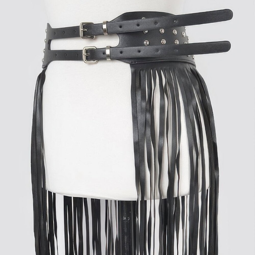 Faux Leather Metal Studded Fringe Belt
